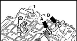 - Unhook wiring harness at side retainer straps -B- of valve body.