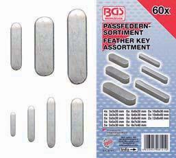 60-piece Feather Key Assortment - for form-fitting connection of hubs on shafts - includes the following sizes & quantities: 3 x 3 x 20 mm (4pcs) / 3 x 3 x 25