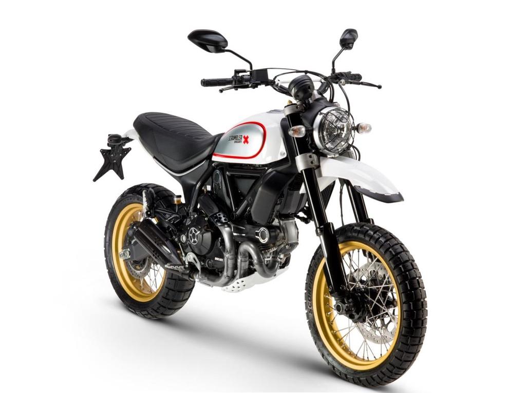 Main as-standard features Ducati Scrambler Desert Sled Colours 1. "White Mirage" with black frame and spoked wheels with gold rims 2.