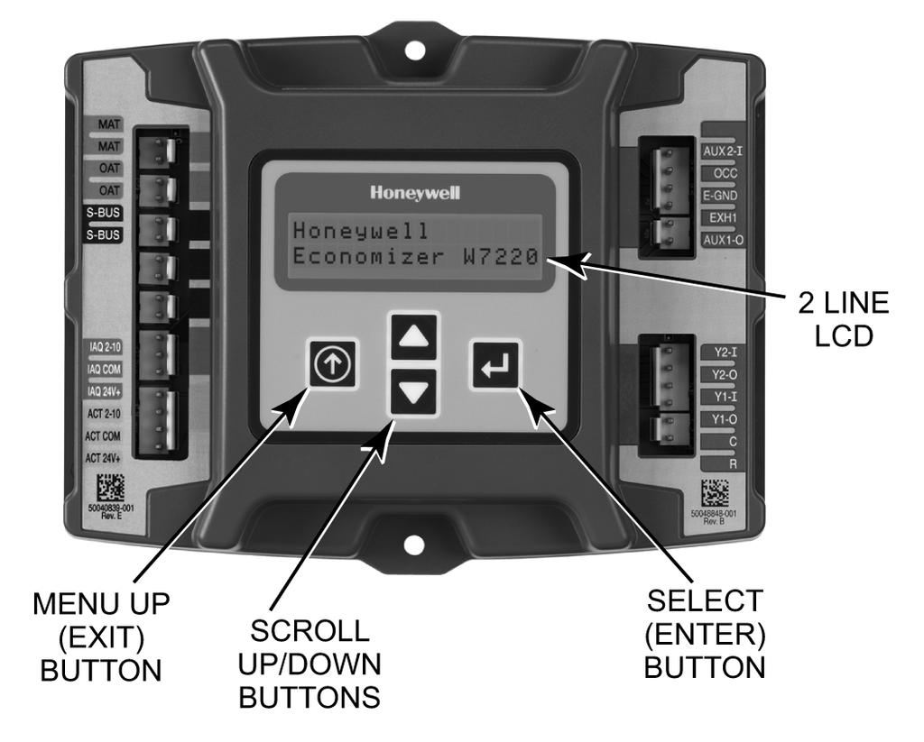 Fig. 5 - W7220 Controller User Interface The user interface consists of a LCD display and a 4-button keypad on the front of the economizer controller. Keypad The four navigation button (see Fig.