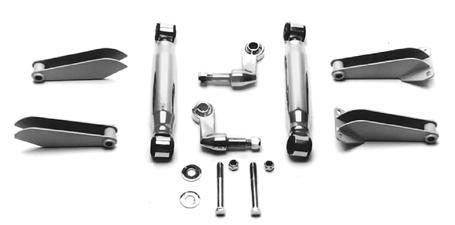 75 _ FRONT SHOCK KIT Kit contains two bolt-on or two weld-on upper shock mounts, two street rod shocks, two stainless steel lower shock mounts and assembly bolts.