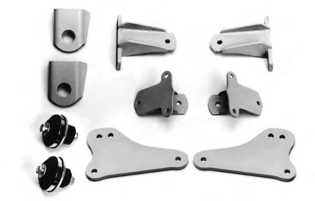 1933-1934 FORD ENGINE MOUNTING KIT Includes weld-on frame adapters (frame must be boxed), C.E. engine side mounts, thru-bolt cushion set & transmission spacer (Buick V6 only).
