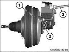 1. Remove the brake booster vacuum supply line (3) together with the non-return valve