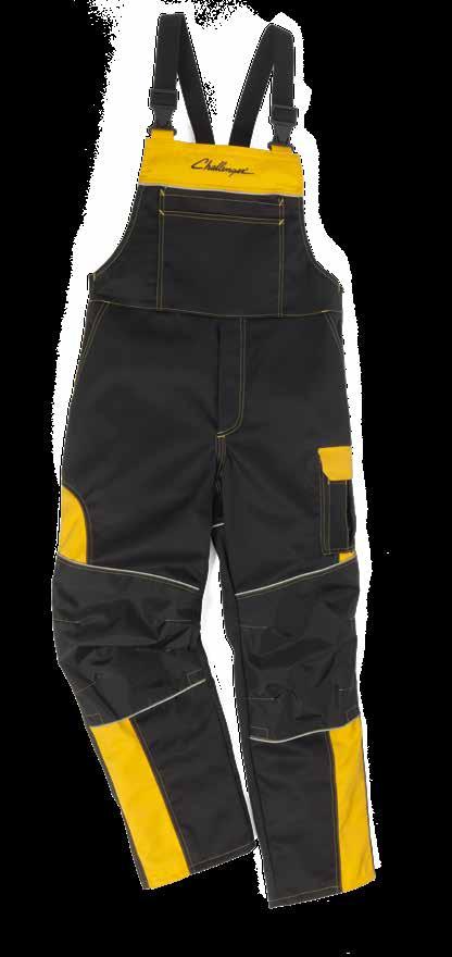 A double rule pocket, two pouch pockets, reinforced knees, a high back and reflective piping for better visibility.