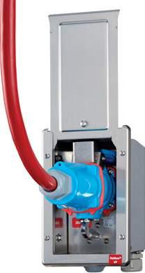 EJECTION SPECIFICATION Battery charging connector system for rescue vehicles, comprising an inlet and enclosure. The coupler socket is automatically ejected when the ignition key is turned.