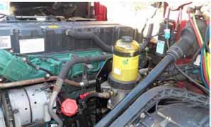 The Volvo primary fuel filter is usually found on earlier model trucks mounted on the passenger side frame rail, just to the rear of the bumper brackets.