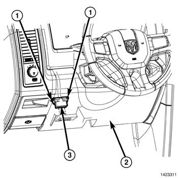 5. Install the Data Link Connector (3) to the steering column opening cover (2) by pushing the connector through the opening on the back side of the cover and fully engaging the lock tabs (1) of the