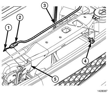5. Disconnect the hood latch cable (1) from the hood latch (5) and remove the latch. 6. Connect the hood latch cable to the hood latch assembly (1). 7.