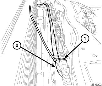 11. If the hood switch harness take off is not present on the existing vehicle harness, route the hood switch harness (2) under the upper radiator crossmember towards the left side