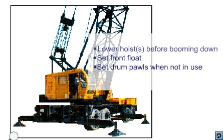 Mobile Lattice Boom Cranes Operating When operating mobile lattice-boom crane lower the hoist blocks to allow boom tip clearance before lowering the boom.