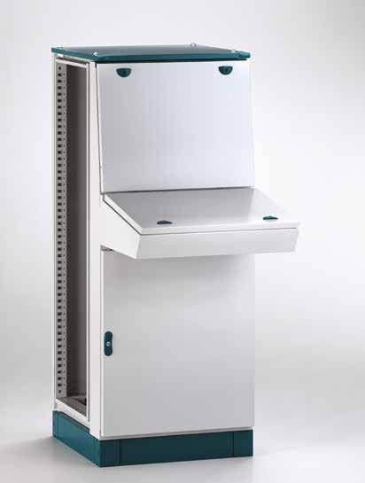 DESK CABINET E NUX structure and adjustable cable entry bottom manufactured from high-strength low-alloy sheet steel with rear panel with folded sides and removable roof manufactured from sheet steel.