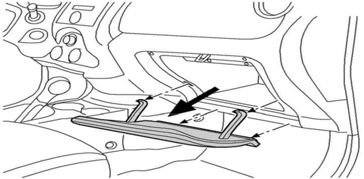 INSTALLATION PROCEDURE: VEHICLE PARTS REMOVAL Dampener String Fig. 8 4) Removing glove box door. The string for the dampener door is looped around the right arm of the glove box door.