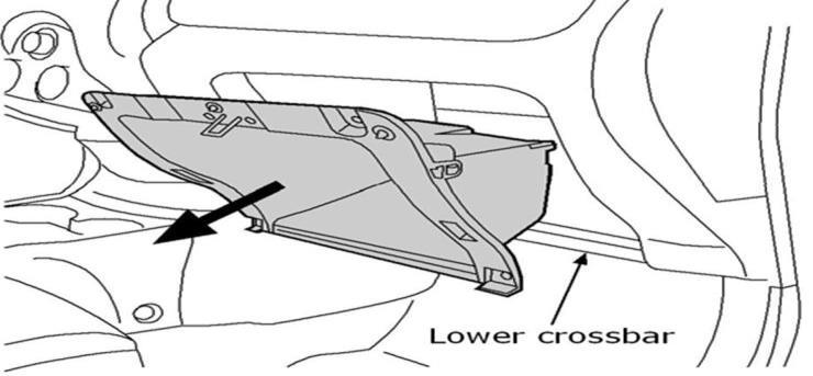 Remove the glove box door by pushing down on the glove box door hinges and opening the glove box door. Fig. 9 5) Removing the glove box.