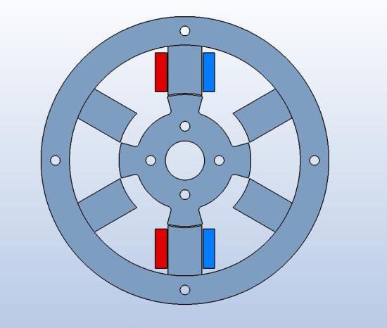 Fig.4 The reluctance motor geometry designed with MAGNETO has salient poles for both rotor and stator. A preferred choice is 4 rotor poles and 6 stator poles with three stator coil pairs. Fig.