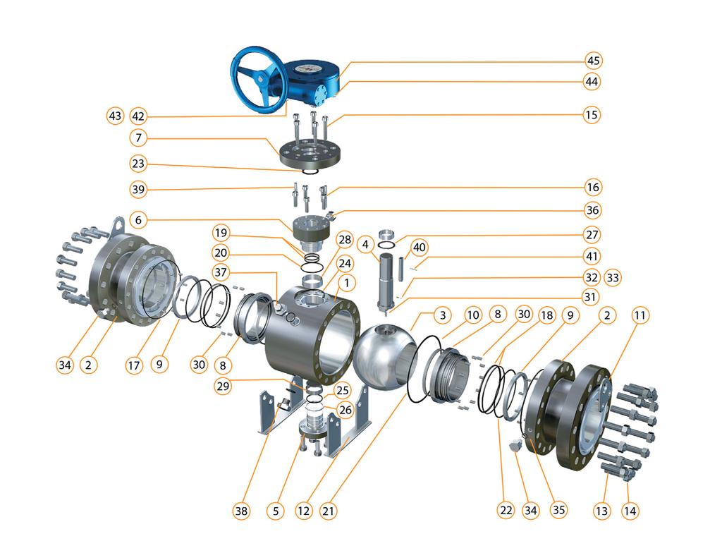 STANDARD CONFIGURATION - BDB 3 PIECE BOLTED BODY OUTER TRUNNION-MOUNTED BALL VALVE Class 150, 300, 600: 2 up to 12 / Class 900: 2 up to 10 / Class 1500: 2 up to 4 / Class 2500: 2 up to 4 BDB VALVES