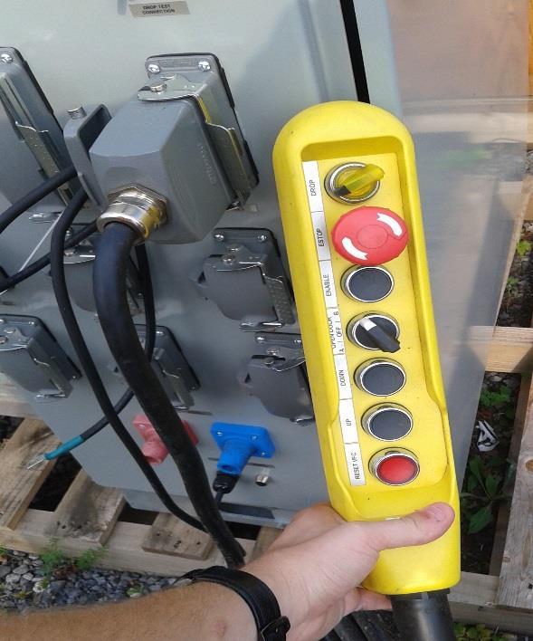 9.1.1 Procedure (for SEH single hoist) 1) Connect the "Universal remote control" in the power panel (AS2) drop test bypass port (1). 2) Turn ON the "SERVICE" key switch on the power panel (AS2).