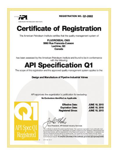 CERTIFICATIONS APPLICABLE STANDARDS API 6D, ISO 14313, API SPEC Q1