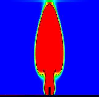 The simulations show the slow burning velocity competing with flow entrained by the thermal plume and subsequently the instability of the flame sheet surrounding