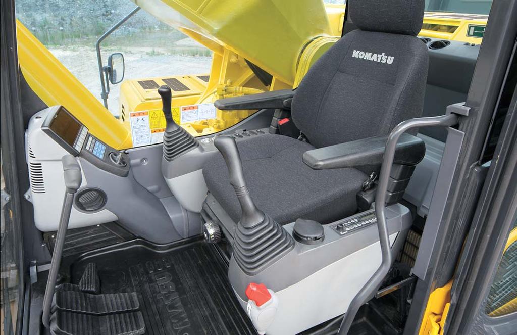 PC800-8E0 H YDRAULIC E XCAVATOR WORKING ENVIRONMENT Wide Newly-designed Cab Newly-designed wide spacious cab includes seat with reclining backrest.