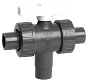 3-Way ball valve type 343 PVC-U vertical With solvent cement spigots metric Moel: -port ball Easy installation an removal using union on thir outlet Ball seals PTFE Electric actuator available
