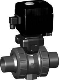 Ball valve type 107 PVC-U 24V With manual emergency overrie With solvent cement spigots metric Moel: Built on with electric actuator EA11 For easy installation an removal Integrate stainless steel