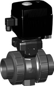 Ball valve type 107 PVC-U 24V With manual emergency overrie With threae sockets Rp Moel: Built on with electric actuator EA11 For easy installation an removal Integrate stainless steel mounting