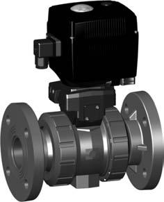 Ball valve type 107 PVC-U 24V With manual emergency overrie With fixe flanges serrate metric Moel: Built on with electric actuator EA11 For easy installation an removal Integrate stainless steel