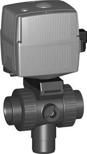 3-Way ball valve type 178 PVC-U Vertical/-port 24V With manual emergency overrie With solvent cement sockets metric Moel: Built on with electric actuator EA21 For easy installation an removal