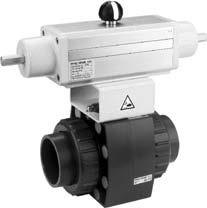 Ball valve type 208 PVC-U A (ouble acting) Without manual overrie Unions with solvent cement sockets metric Moel: Control time 90 <) 0,5-2 s For easy installation an removal PN kv-value EPM Coe Coe