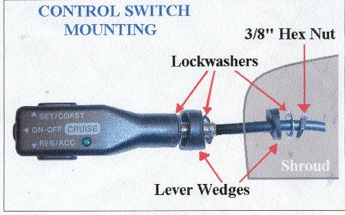F. Install Control Switch 1. Use the lever wedges on the Control Switch at an angle template to drill a 3/8 or 9.5mm hole in the lower shroud of the steering column cover.