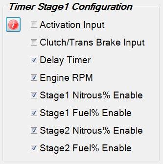 20 Timer Stage1 Tab Stage1 Timer, Timing Retard Control this se ng configures the Stage1 Timer, +12V output to be On whenever Stage1 Nitrous is On (Solenoids func oning). Check to enable.