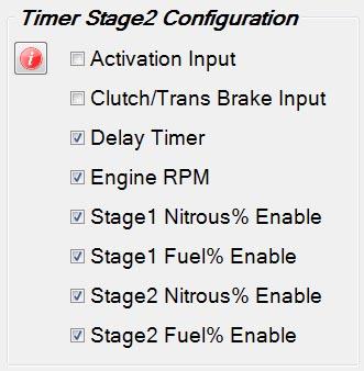 21 Timer Stage2 Tab Stage2 Timer, Timing Retard Control this se ng configures the Stage2 Timer, +12V output to be On whenever Stage2 Nitrous is On (Solenoids func oning). Check to enable.