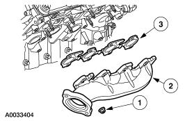 Page 7 of 13 1. Remove the RH exhaust manifold nuts. 2. Remove the RH exhaust manifold. 3. Remove the RH exhaust manifold gasket and discard. LH cylinder head 33.