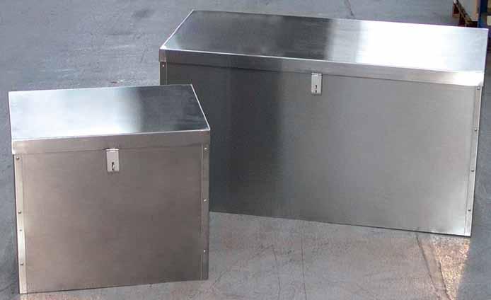 Strengthened doors Adjustable stainless steel shelves Corrosion resistant Floor chests have a riveted structure with angled lid to discourage article placement and a hasp and staple lock - padlock