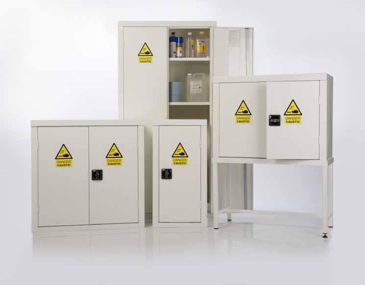 Acid & Alkali Substance Cupboards Use of caustic materials in the workplace can present many hazards, particularly if acids and alkalis are stored incorrectly or with other chemicals.