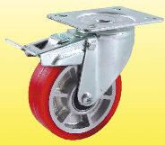 Pressed steel castors Zinc plated finish Double ball race in swivel assembly Eurostop total braking system Two wheel options rubber