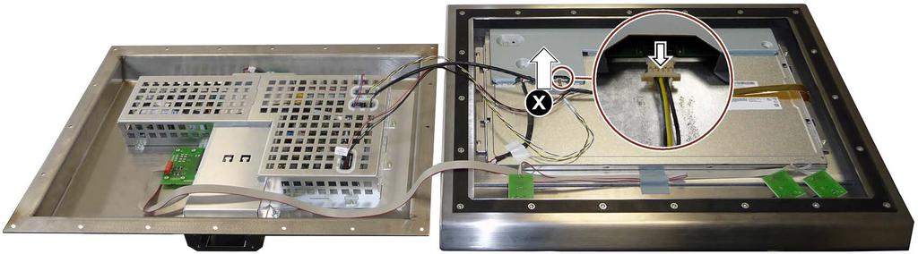 4.2 Opening the device and loosening cables 4. Loosen the plug of the LVDS display cable from the front electronic.