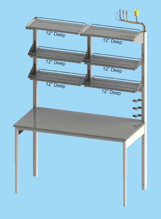 Heavy duty 11 gauge stanchion Removable access panel at both sides Black phenolic shelving with retaining rods Dual RJ45 data jacks with separate service lines Both sides punched and capped to