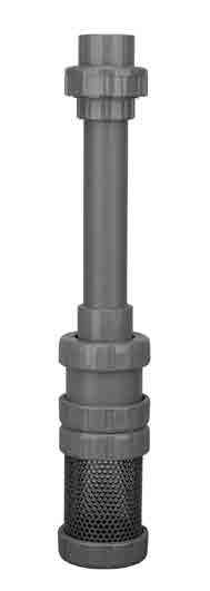 A standard Hayward CPVC true union ball check valve with FPM seals is used as the foot valve along with a newly designed, oversized inlet screen, providing a 6:1 open straining area versus the inlet