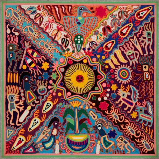 Six! Find the artwork by the Huichol Indians. Look closely at the images and symbols. Can you imagine what each symbol means?