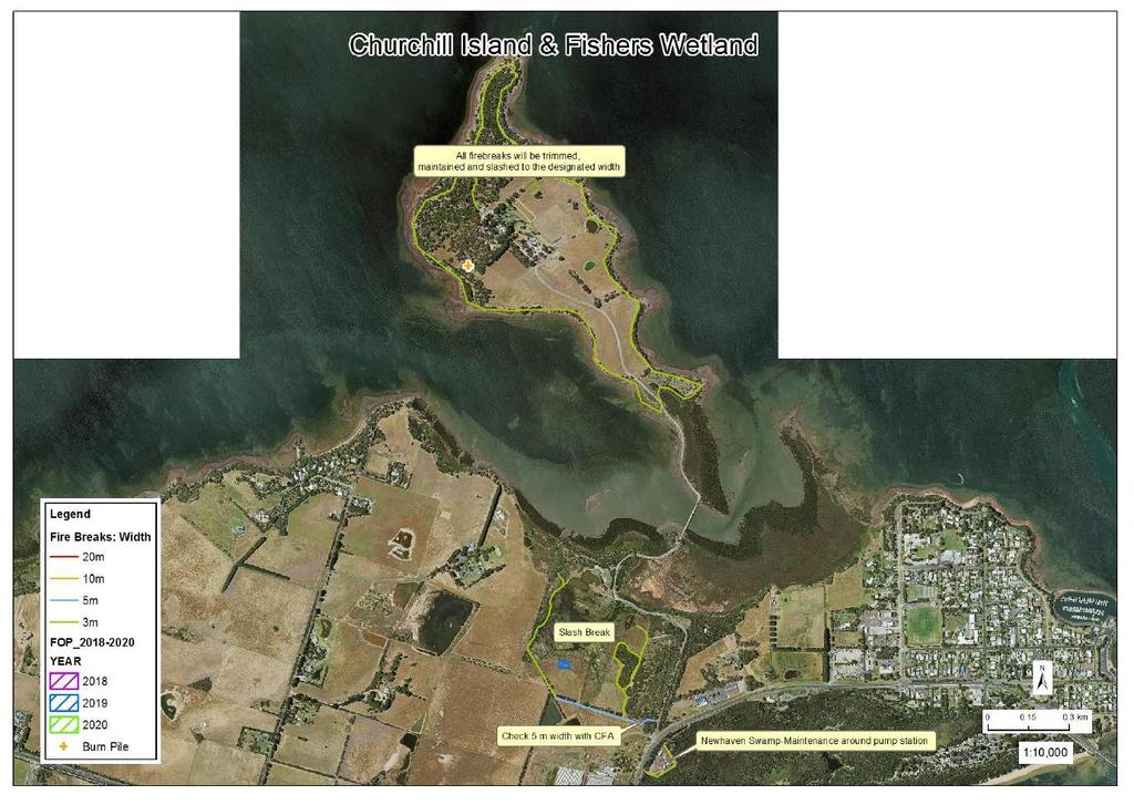 Map 12: Churchill Island, Fishers Wetland & Newhaven Swamp pump station showing fire breaks to be maintained,