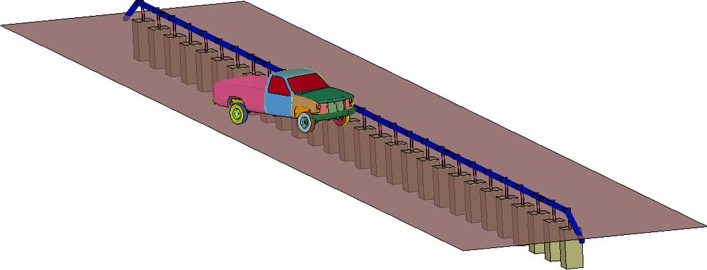 3.4 HIGH-SPEED SIMULATION WITH BOX BEAM GUARDRAIL SYSTEM After validation of the box beam system model, the researchers evaluated the performance of the box beam guardrail for an 85 mph impact speed.
