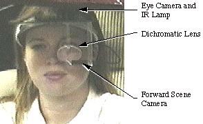 This corneal reflection-based system consists of a headpiece and two cameras (one capturing an IR source being reflected off of the eyeball and a second showing a head-slaved scene), an IR reflective