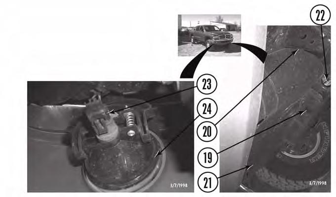 3. Remove the front bumper. a. Remove nine panel clips (19), plastic cover (20), and rubber cover (21) from the core support (22). b. If present on your vehicle, disconnect two wire harness connectors (23) from the driving lights (24).