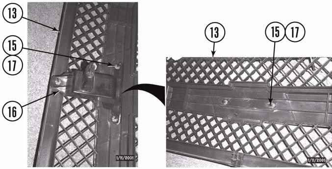 c. Remove three nuts (15) and brace (16) from grill (13) and bowtie