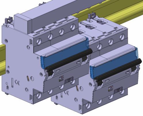 A RCBO may be replaced in the middle of a row supplied with busbars without disconnecting the other products Put the clamp in the unlocking position Connection:.