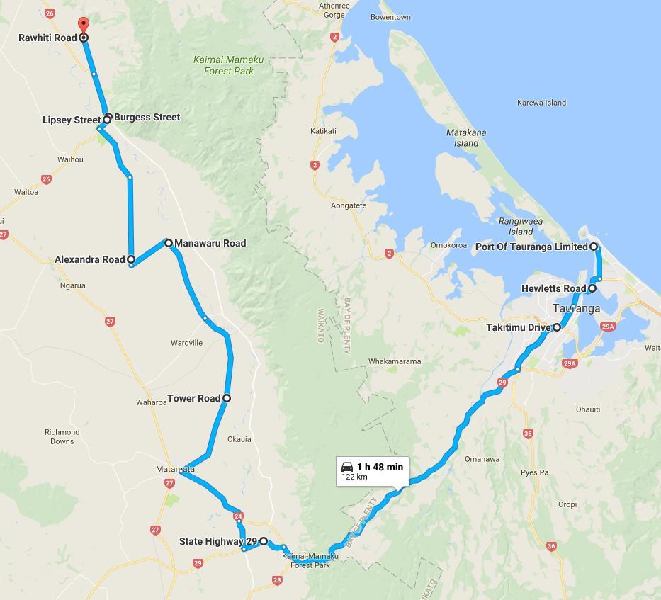 2.2. Route from Port to Site Blade Sections The Route from the Port storage out of the Mount/Tauranga region and over State Highway 29 (Kaimai Range) differs from the heavy loads to lighter Blade