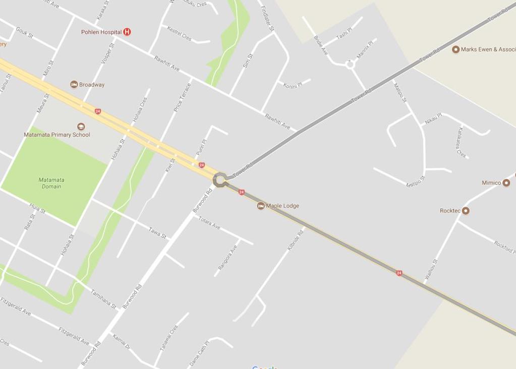 The alternative considered is to turn right off SH 24 when entering Matamata and driving east along Tower Road as shown in photo above and map view below.