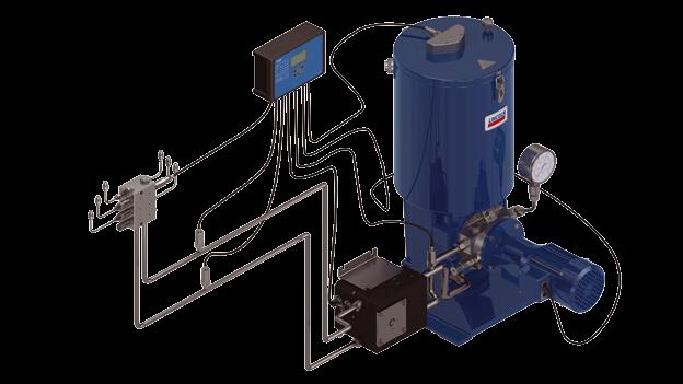 Dual-line lubrication system overview Example of a one-pump, dual-line system layout In conjunction with the piston detectors, the pressure sensors in each line allow the system to automatically