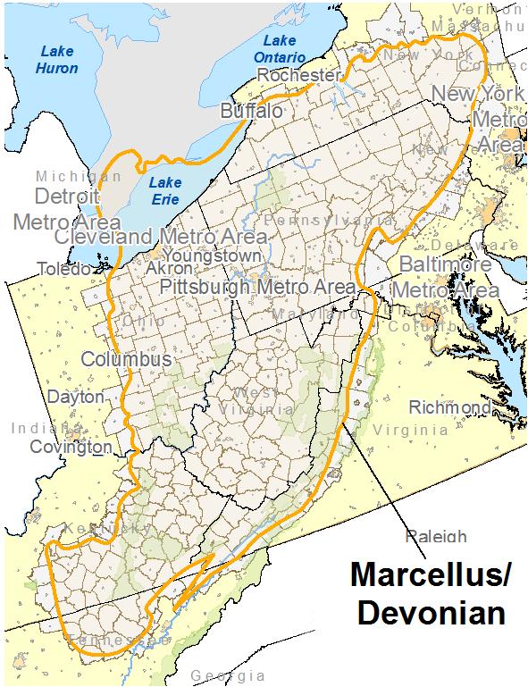 The Marcellus Shale Largest basin in United States 95,000 square miles Depth of 4,000 feet to 8,500 feet